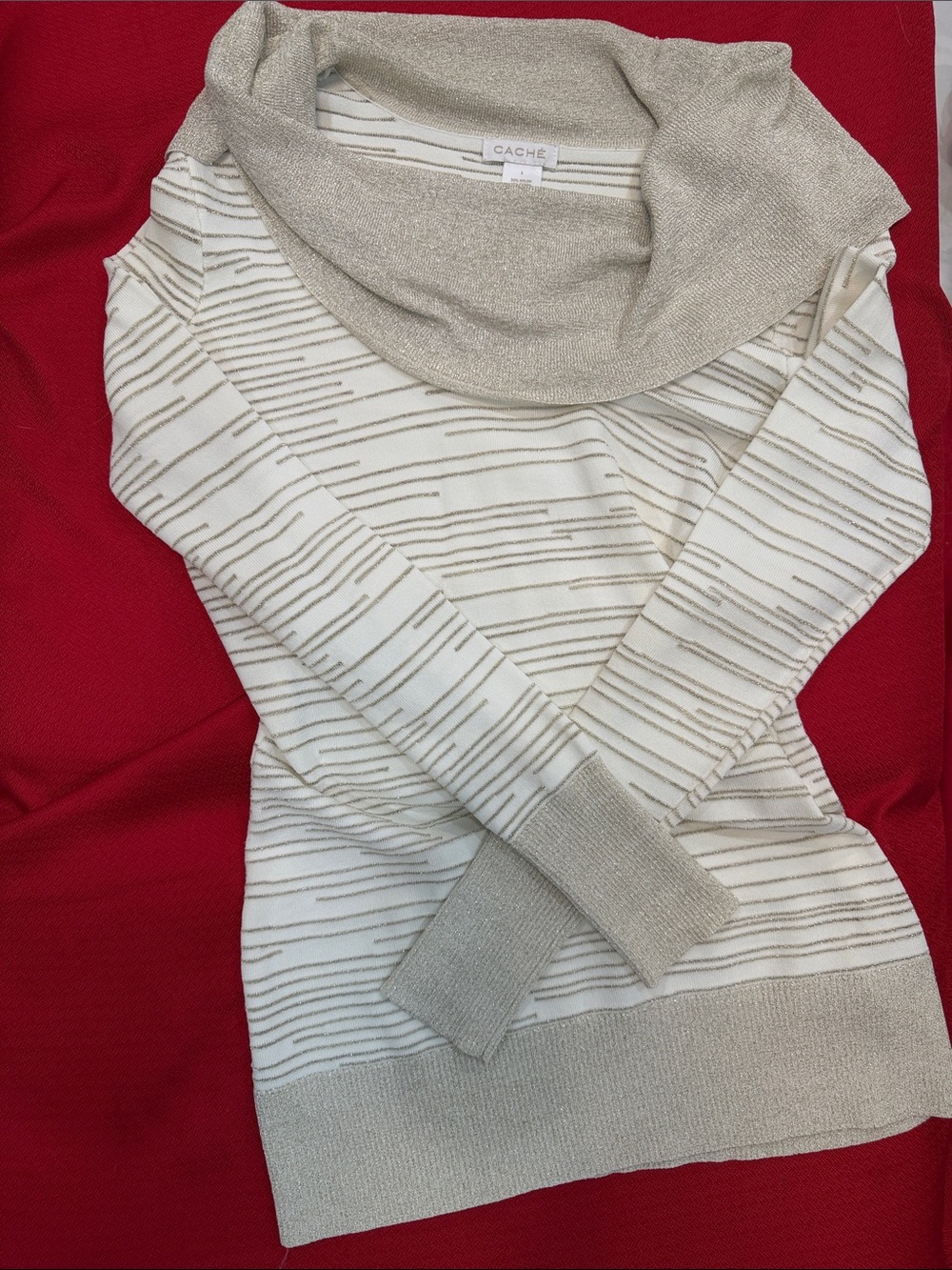 Cache Cream and Gold Striped Cowl Neck Sweater